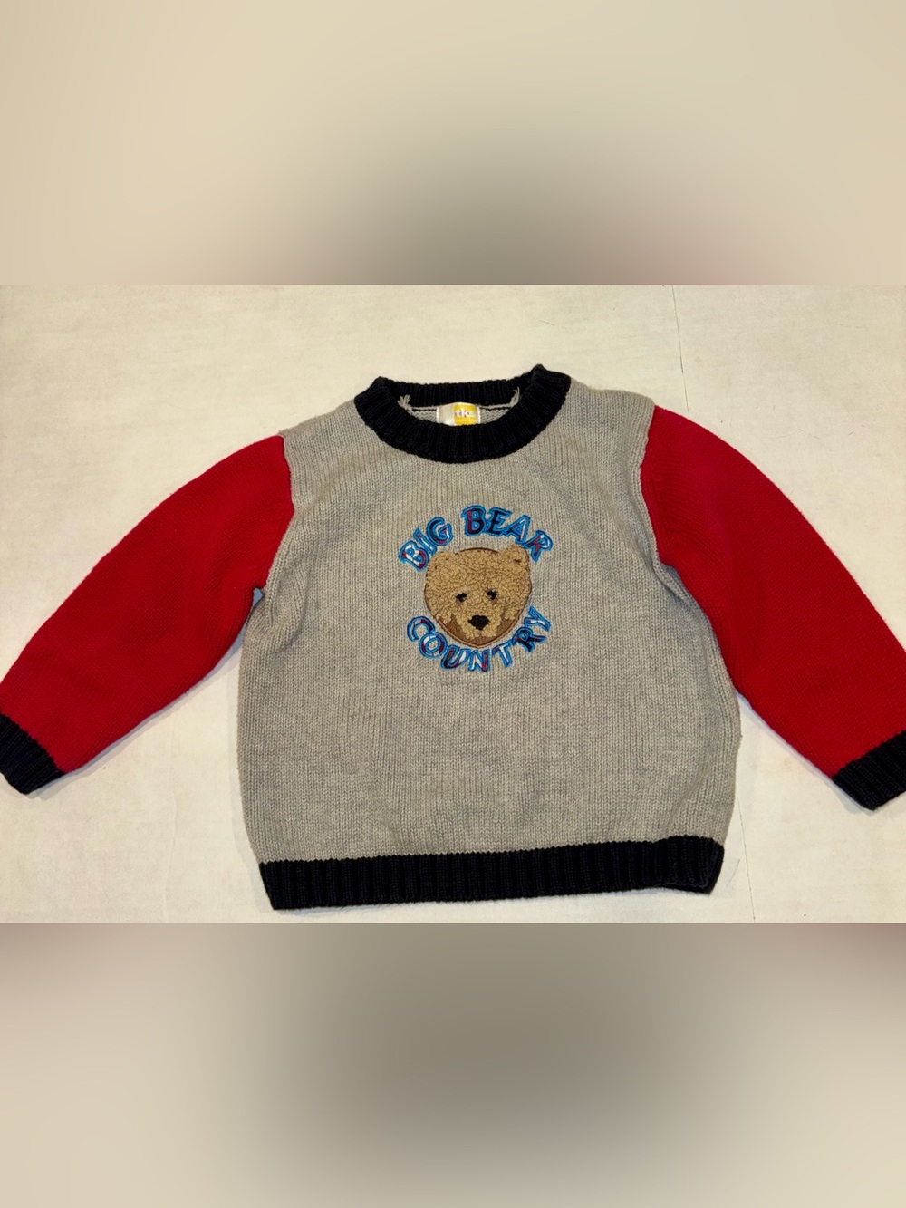 Big Bear Country Kids Crewneck Sweater - Gray Body with Red Sleeves